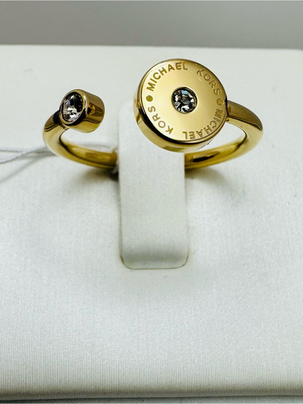Michael Kors Logo Disk Gold Tone Open Ring with Clear Crystal Accents Size 7 NWT
